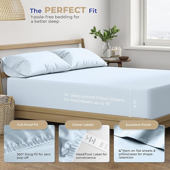 THREAD SPREAD 100% Cotton Sheets King Size - 400 Thread Count King Size Sheets Set (4 PC, Light Blue), 16" Deep Pocket All Around Elastic, Soft, Cooling, Durable & Breathable Sateen Bed Sheet Set