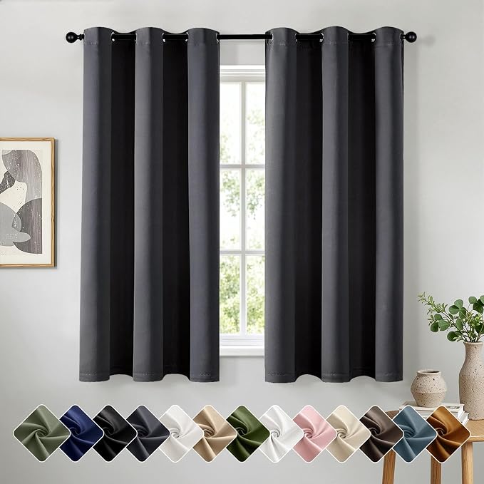 Short Dark Grey Blackout Kitchen Curtain W40 x L54 Inch 2 Panels | Thermal by Woaboy