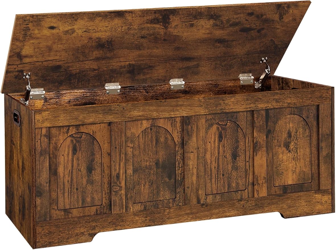 DINZI LVJ Storage Chest, 47.2”Wooden Storage Box with 2 Safety Hinges, Entryway Shoe Bench with Flip-Top, Large Trunk for Living Room, Bedroom, Easy Assembly, Rustic Brown