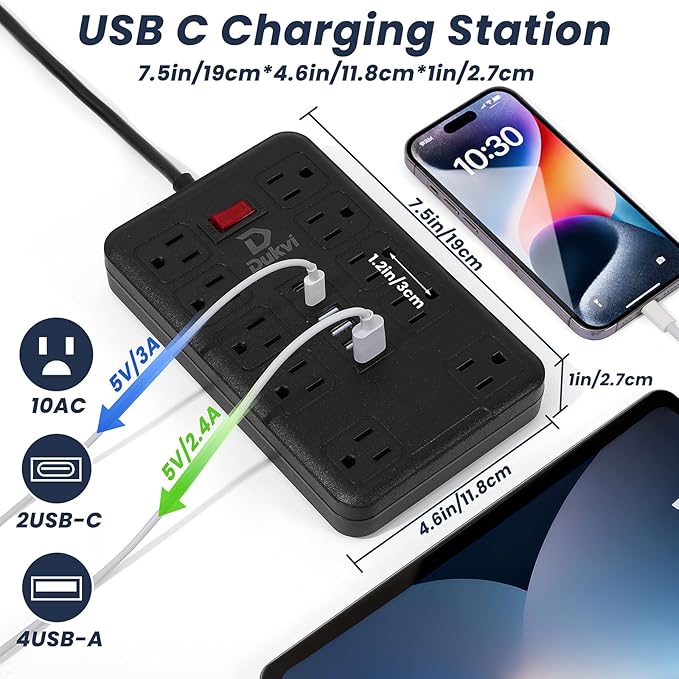 DUKVI Surge Protector Power Strip with 10 Widely-Spaced Outlets & 6 USB(2USB C) Ports, 6ft Flat Plug Extension Cord Wall Mountable, Desktop Charging Stations for Smartphone Tablet Laptop