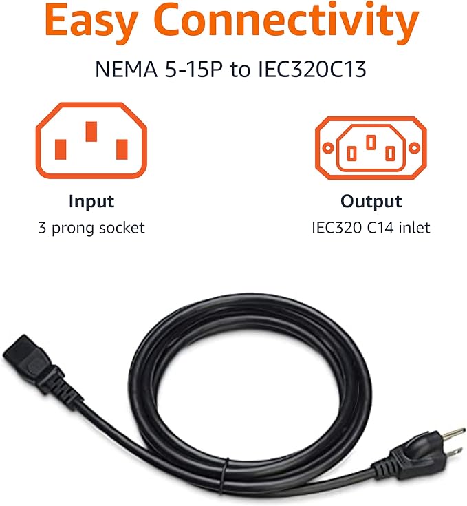 Amazon Basics PC Power Cord, 10 feet, AC Power Cord for Monitor, Computer, TV, 3 Prong, 18 AWG, 125 Volts, Black