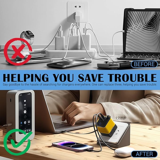 Tobre 3 in 1 GaN Charger, Scalable 80W Max Fast Charging Block with Retractable Type-C Cable & 2 USB Ports, All-in-One Wall Charger for iPhone 16/15/14, Galaxy S25, Pixel,Laptops (White, 80)