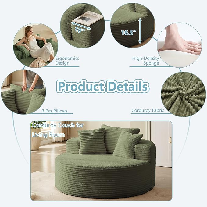 55'' Oversized Round Lounge Chaise Chair, Corduroy Upholstered Indoor Chaise - Image 7