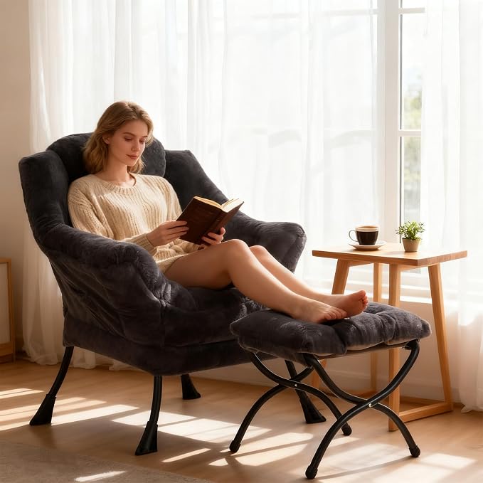 Welnow Lazy Chair with Ottoman, Reading Chair with Footrest, Plush Navy | A - Image 2