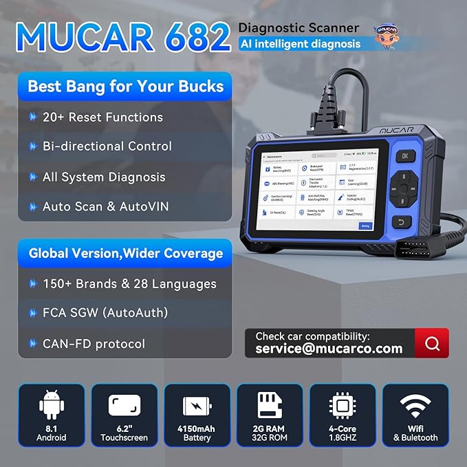 OBD2 Scanner, MUCAR 682 AI-Assisted Car Diagnostic Tool, Automotive Bidirectional Scan Tool, Full Systems Car Diagnostic Scanner, Scanner for Car with 20+ Reset, CAN FD & FCA SGW, Lifetime Update