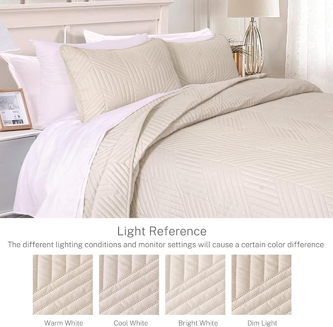 Exclusivo Mezcla Ultrasonic King Quilt Bedding Set, Brich Beige | Lightweight - Image 3