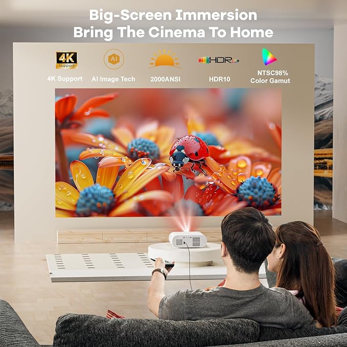 Projector-4K Built-in Google TV|2000 ANSI|Auto Lens Cap&4D Keystone|Auto Focus|Voice Control Smart Portable Projector with WiFi6 and Bluetooth, Sovboi Outdoor Projector for Steaming APPs Home Theater