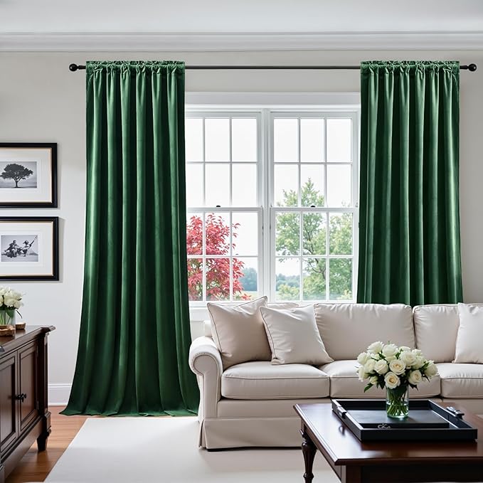 Velvet Curtains 102 Inches Long for Bedroom, Super Soft Room Darkening Thermal Insulated Curtains Luxury Window Drapes for Living Room Nursery, Back Tab Rod Pocket, Dark Green, W52 x L102, 2 Panels