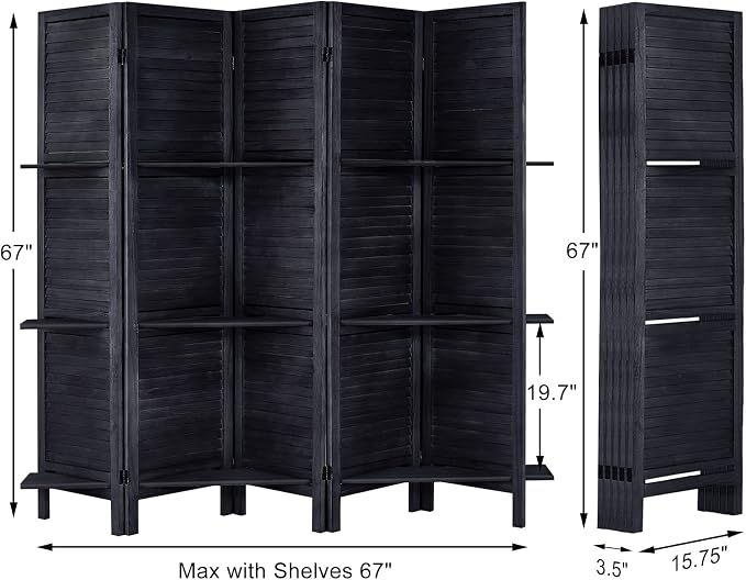 Room Divider with Shelves, 5 Panel Black Privacy Screen | Partition Room - Image 2