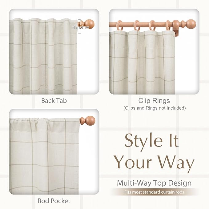 DriftAway 100% Blackout Plaid Linen Curtains 63 Inches Long 2 Panels Taupe | - Image 7