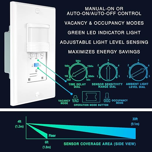 EverElectrix 4 Pack Motion Sensor Light Switch, Indoor Occupancy & Vacancy Sensor with Neutral Wire Required, Single Pole only, Adjustable Timer & Sensitivity, Title 24 Compliant, UL Certified, White