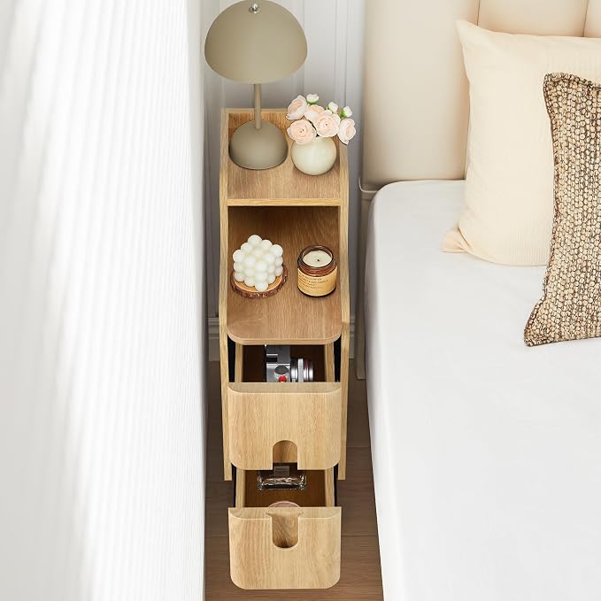 Small Nightstand Set of 2, Wood 2 Drawer Narrow Nightstand, Slim Side Table - Image 5