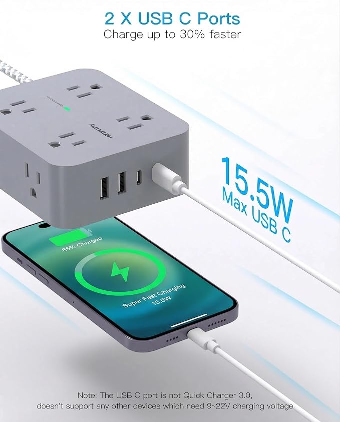 HANYCONY Surge Protector Power Strip, 5 Ft Braided Extension Cord | 8 Outlets 4 - Image 2