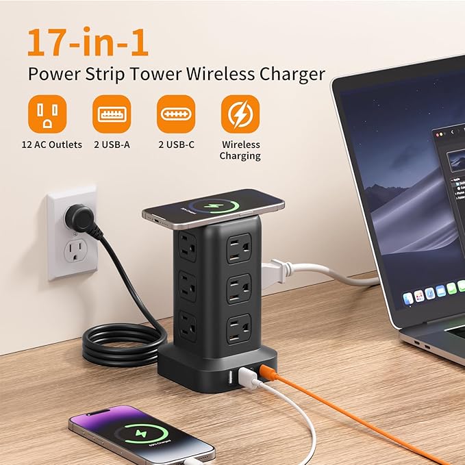 Extension Cord with Multiple Outlets, SMALLRT Power Strip Tower, Outlet - Image 2