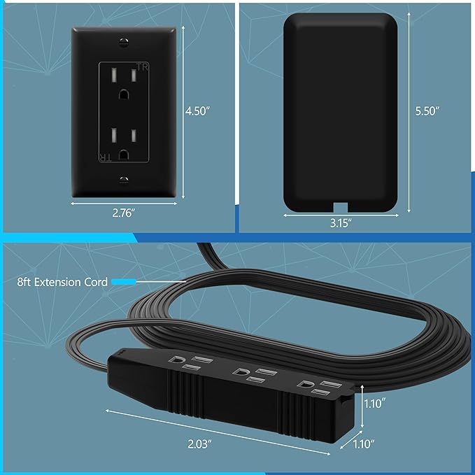 LIDER Flat-Face Outlet Extender with 3 Receptacles, Ultra-Thin Wall Plate Plug with Cord Extender and 3-Outlet Power Strip, 8ft Cord, LWE8-315-BK, ETL-Listed, Black