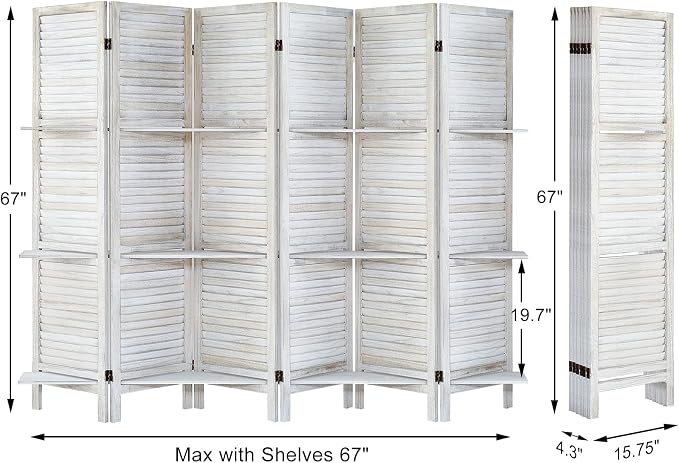 Room Divider with Shelves, 6 Panel Distressed White | Partition Room Dividers - Image 3