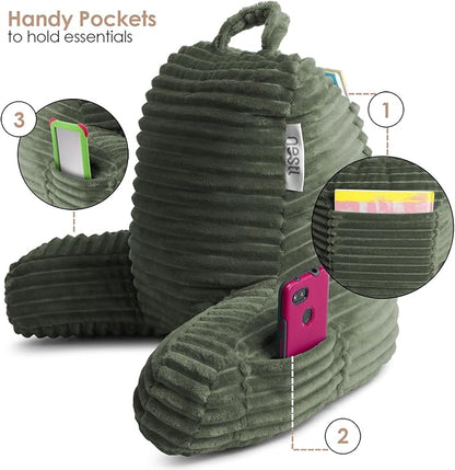 Nestl Reading Pillow for Kids & Teens with Shredded Memory Foam, Luxe Cut Plush Backrest Pillows for Reading and Gaming, for use on Couch or Bed, Adjustable Support with Washable Cover Olive Green
