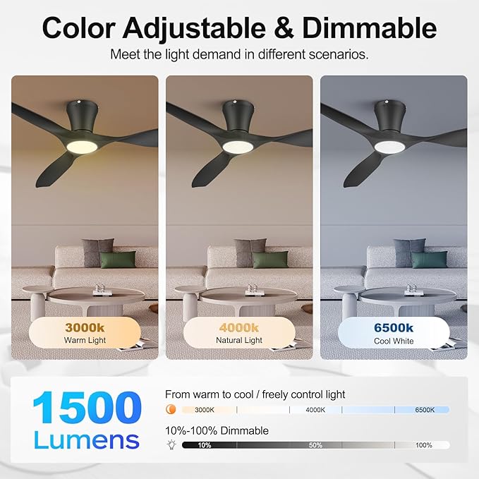 ocioc 42 inch Ceiling Fans with Lights and Remote, Dimmable Ceiling Fans with Reversible Quiet DC Motor, Flush Mount, 3CCT, Black Ceiling Fan for Bedroom Living Room Indoor/Outdoor