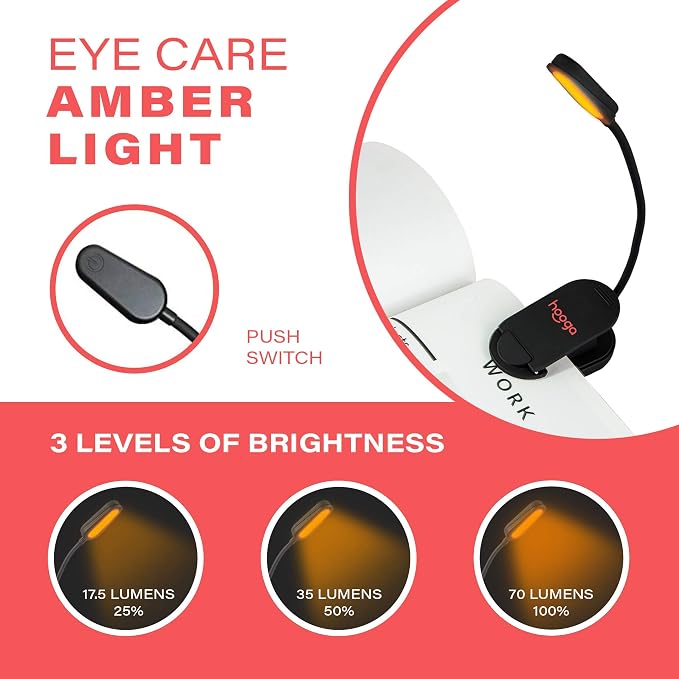 hooga Amber Book Light, Rechargeable Clip-On Blue Light Blocking LED Reading - Image 3