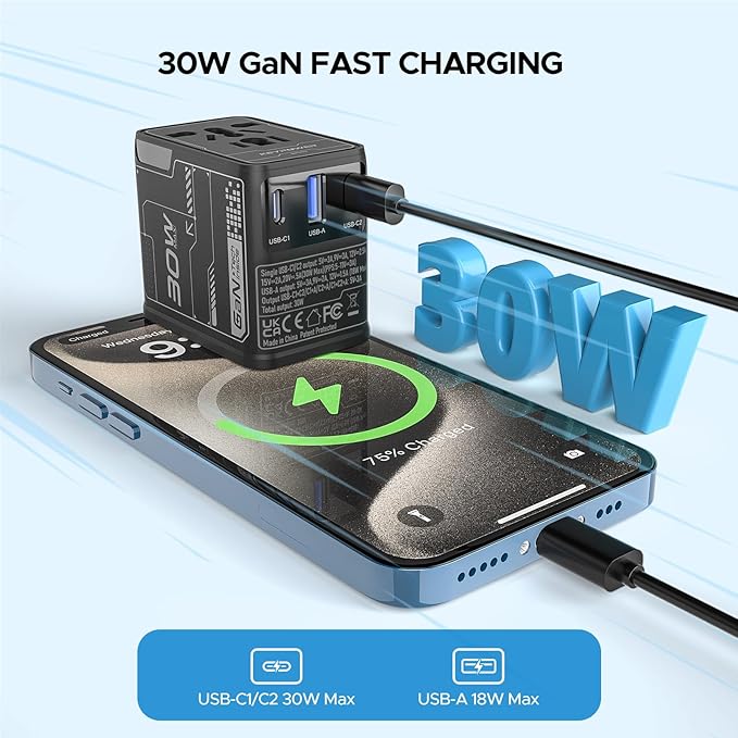 Universal Travel Adapter 30W GaN, KEY POWER All-in-One International Power Adapter with 2 USB-C & 1 USB-A, Worldwide Plug Converter for EU/US/UK/AU in 200+ Countries