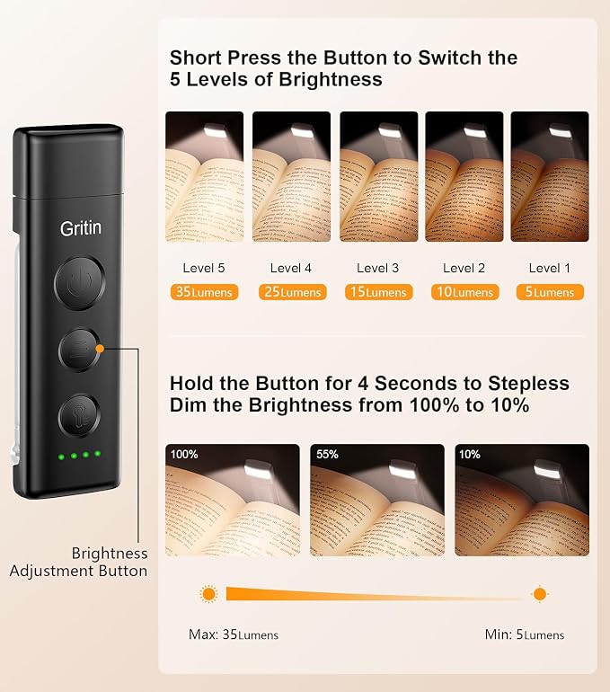 Gritin Book Light Rechargeable, Clip on LED Reading Light - Image 2