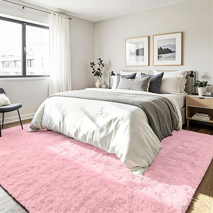 5x7 Fluffy Area Rug for Living Room: Soft Non-Slip Pink Shag Bedroom Carpet | - Image 3