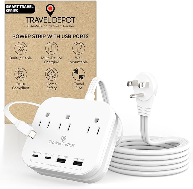 TRAVEL DEPOT Cruise Essentials Flat Plug Power Strip, Durable 5 ft Extension Cord w/ 3 Outlets Extender & Built-In Type C Cable, 2 USB & 2 USB-C Ports, No Surge Protector for Cruise Travel, Dorm, Home