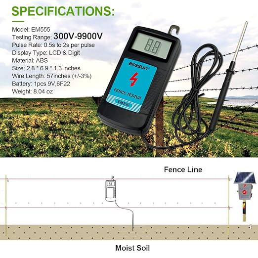 allsun Digital Electric Fence Voltage Tester and Fault Farm Finder, Fence Voltmeter/Grounding Tester LCD Display for 300V to 9.9kV Pulse, Fence Voltage Indicator Checker Farm Gardening Tool