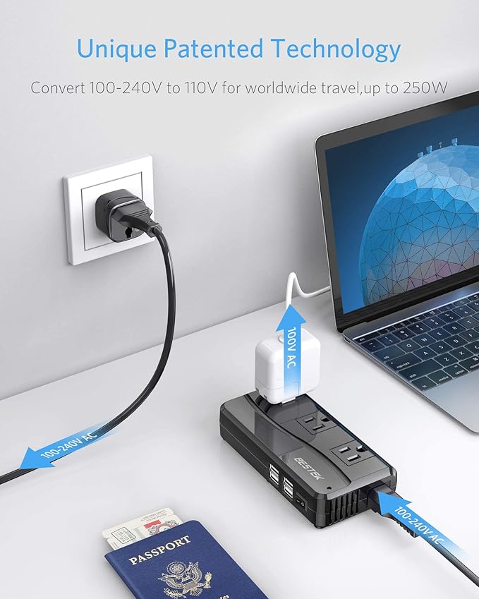 BESTEK 250W Power Converter 3-Outlet and 4-Port USB Travel Voltage Transformer 220V to 110V with Type G/D/M/AU/US Travel Plug Adapters