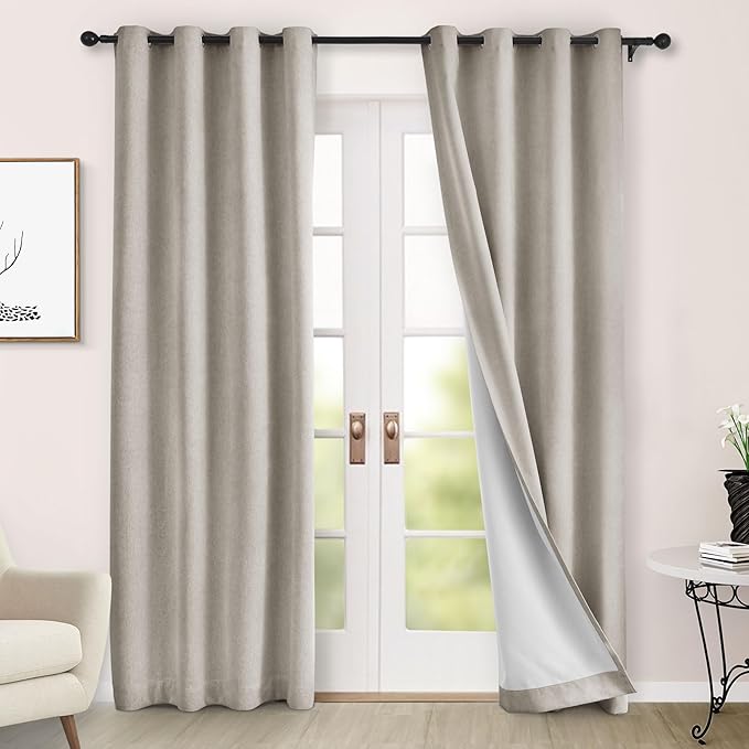Macochico 52" Wx108 L 100% Blackout Curtains Extra Long Thermal Insulated Chenille Curtains for Living Room Bedroom Auditorium Home Theater Beige Taupe Grommet Curtains with Tieback Classic 1 Panel