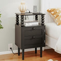 Black Nightstand with Outlet, Storage Drawer and Open Wood Shelf, Wood Legs | by Unknown