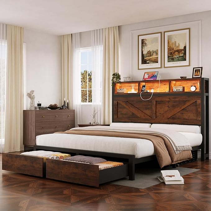 Farmhouse Queen Bed Frame with Bookcase Storage Headboard, Charging Station, LED Light and 2 Storage Drawers, Noise Free, No Box Spring Needed, Brown