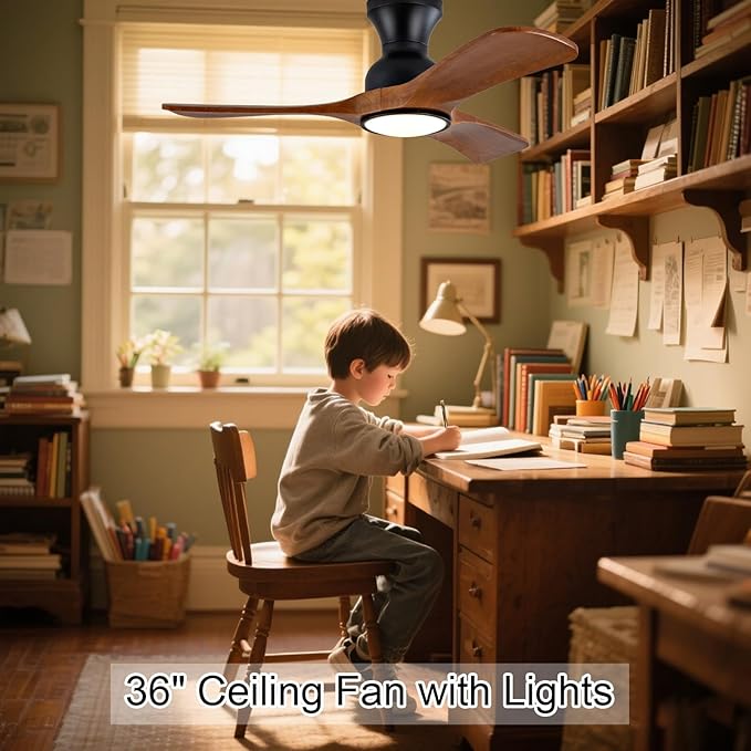 Gaizw Ceiling Fans with Lights, 36 Inch Ceiling Fan of Modern Low Profile, Flush Mount Fans, 3CCT, Noiseless, 3 Blades Solid Wood,Walnut Fan Light for Kid's Rooms, Bedroom, Living Room and Garage