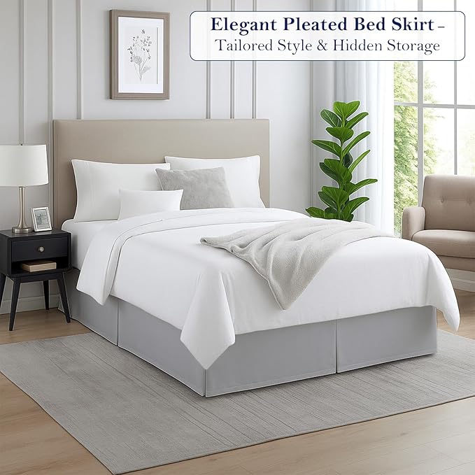 Twin Bed Skirt, Luxury 16 Inch Drop Light Grey Pleated Bed Skirt, Double Brushed Microfiber, Box Pleat Design, Wrinkle & Fade Resistant, Easy Fit Tailored Bedskirt for Twin Size Beds