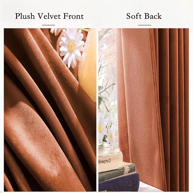 Timeper Burnt Orange Velvet Curtains 96 inches 2 Panels, Light Blocking Curtains - Image 4