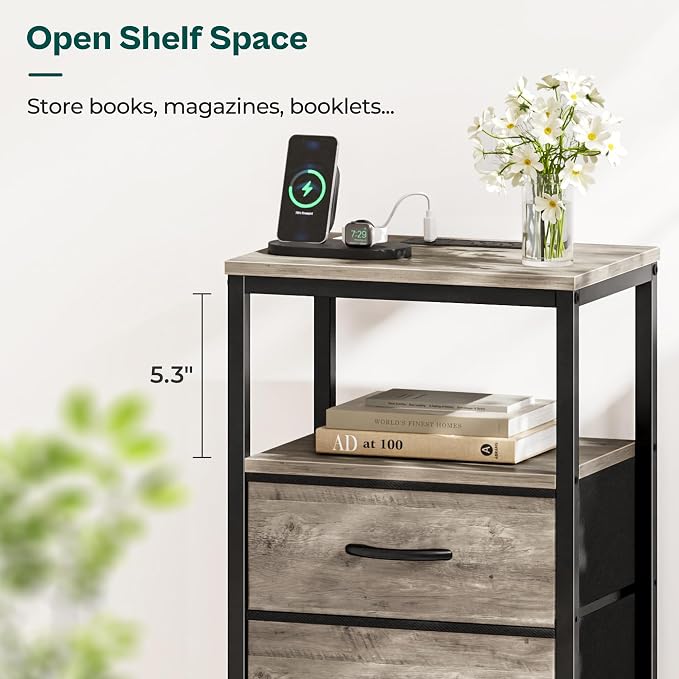 Huuger Nightstand with Charging Station, 27.6 Inch Bedside Table, Side Table | - Image 7