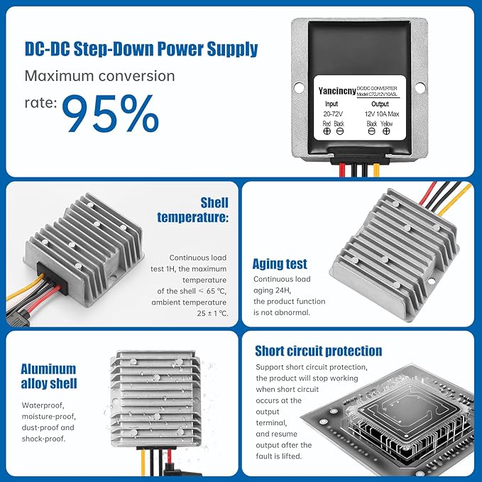 Yancincny 10A 120W 12V Golf Cart 24V 36V 48V 72V to 12V DC Converter Voltage Regulator Reducer Transformer with Fuse - Waterproof DC Step Down Converter 24V to 12-V(Input Range: 20-72V)