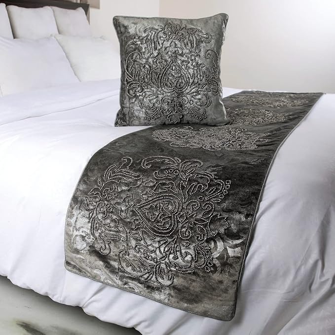 HomeCentric Designer Handmade Bed Runner with Decorative Throw Pillow Cover, 68 x 18 Inch Damask Foil Velvet Embroidery Bed Scarf