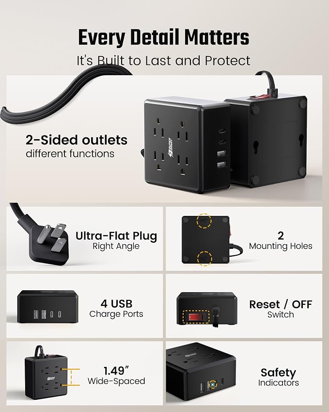 Power Strip, SUPERDANNY 4-Outlet 4-USB Surge Protector, 5 Ft Extension Cord - Image 8