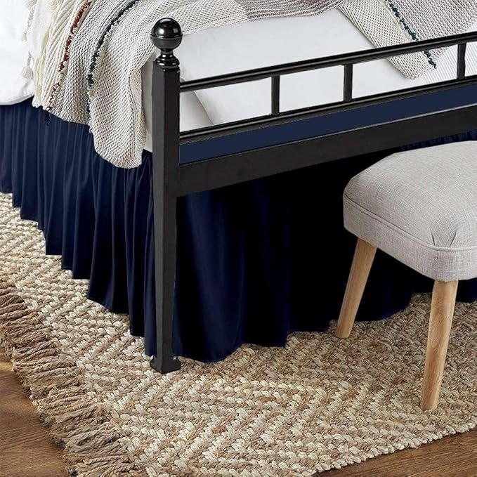 Navy Blue Solid Ruffled Bed Skirt King XL-12 Inch Drop Split Corner, Microfiber Bedskirt with Platform Three Sided Coverage
