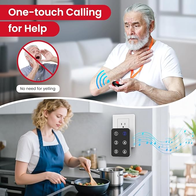 CallToU Wireless Call Button Caregiver Pager Nurse Call System for Elderly/Patients at Home/Hospital with Voice Announcements and LED Number Display (6 Waterproof Call Button & 3 Receiver)