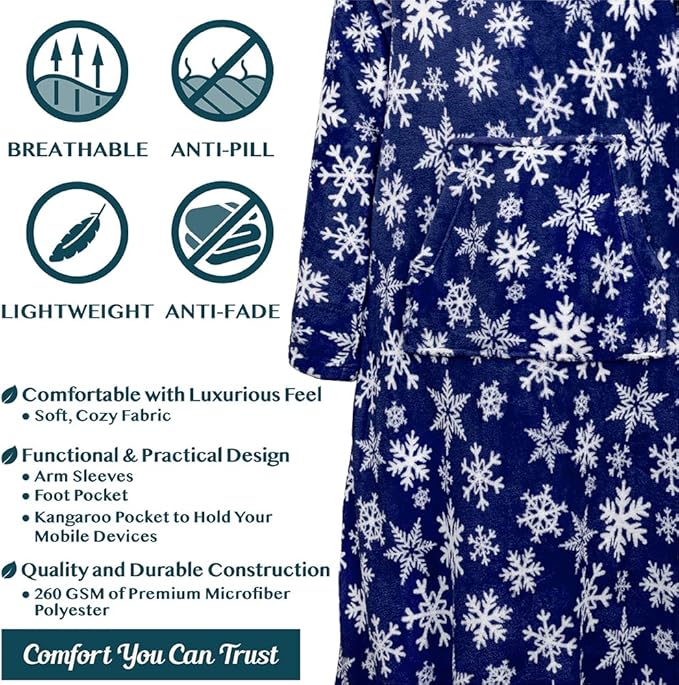 PAVILIA Fleece Blanket with Sleeves, Foot Pockets for Women Men Adults, Plush Wearable Blanket Throw Wrap, Warm Snuggle Blanket Robe, Cozy Gift Ideas Wife Mom, Snowflake Blue