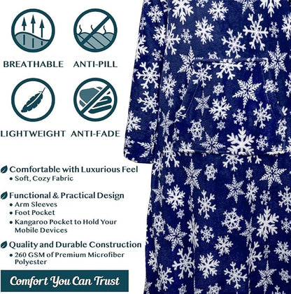 PAVILIA Fleece Blanket with Sleeves, Foot Pockets for Women Men Adults, Plush Wearable Blanket Throw Wrap, Warm Snuggle Blanket Robe, Cozy Gift Ideas Wife Mom, Snowflake Blue