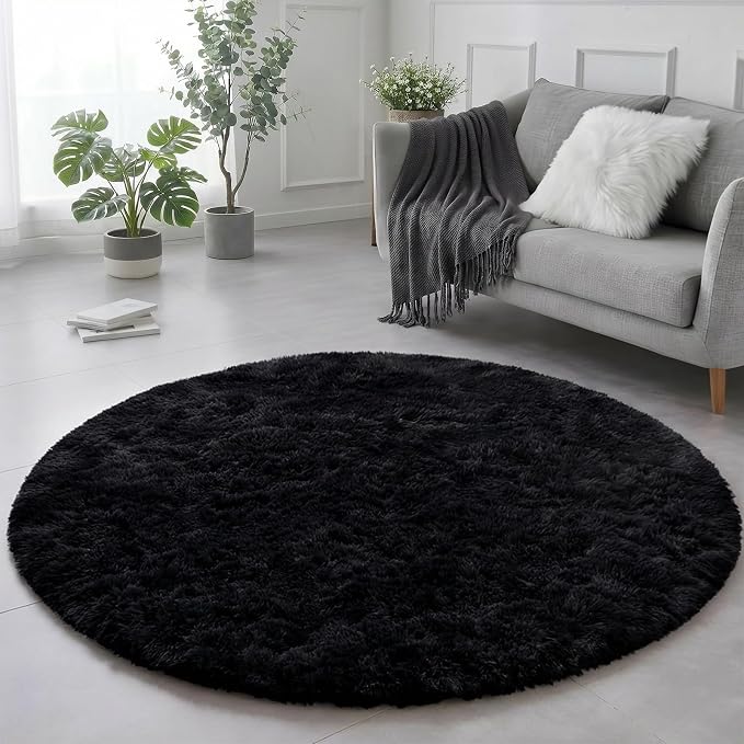 Amdrebio Black Plush Small Round Rug 3Ft by Amdrebio