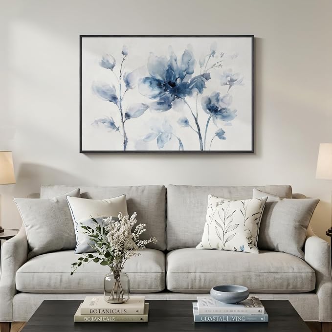 Framed Blue Floral Wall Art for Bedroom, Modern Botanical Canvas Painting Prints - Image 2