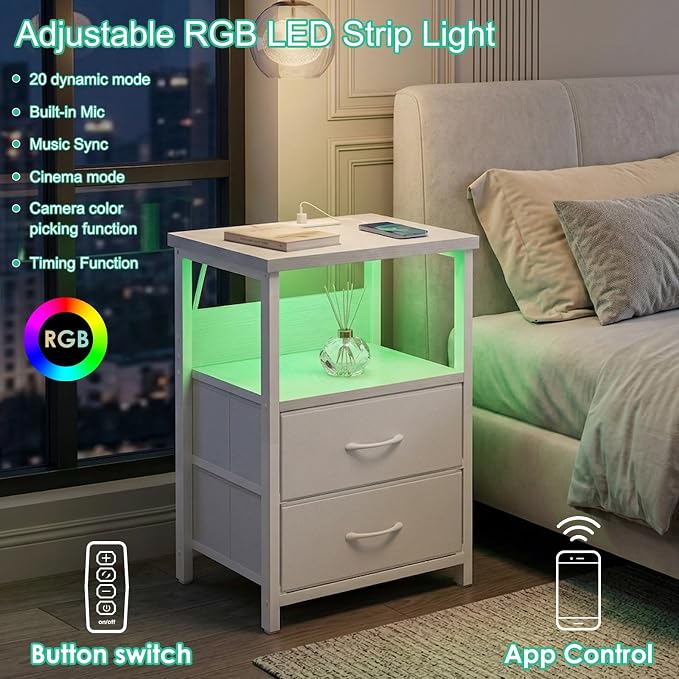 Fixwal Night Stand with Charging Station, 2 Drawers | fabric drawer, built-in - Image 4