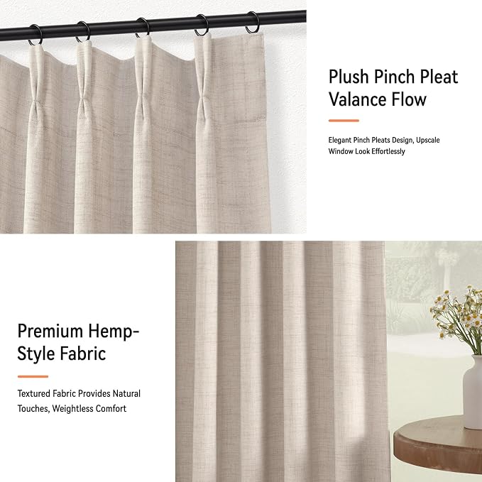 Pinch Pleated Full Blackout Faux Linen Curtains 108 Inches Long | Oatmeal - Image 7