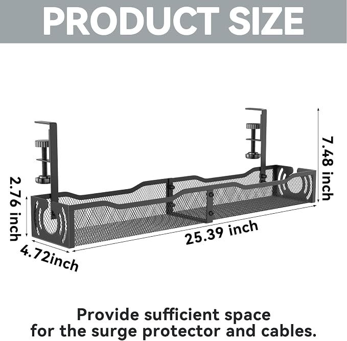 Cable Management, 25.3'' Under Desk Cable Management Tray No Drill | Metal - Image 5