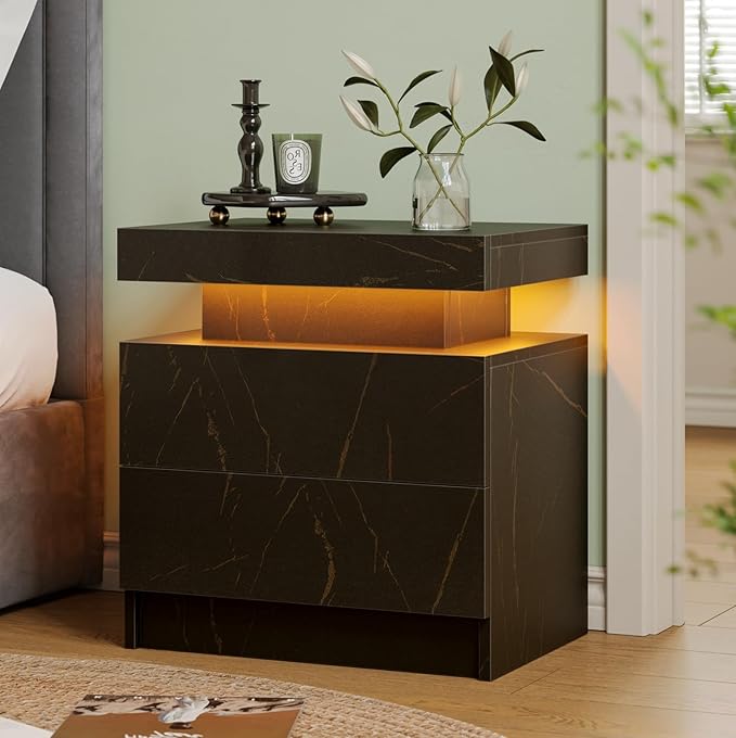 Modern Black LED Nightstand for Bedroom Bedside Table by Unknown