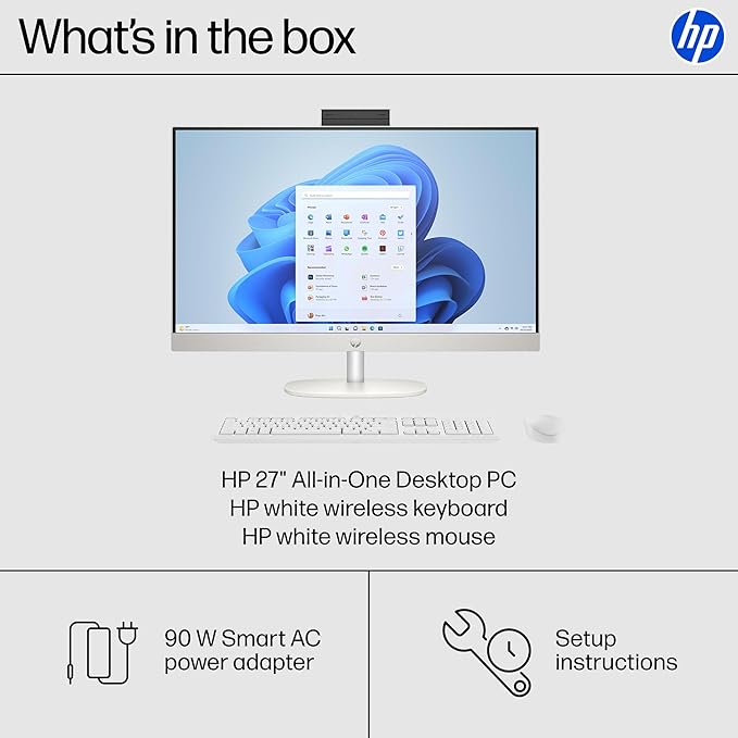 HP 27" FHD Touchscreen All-in-One Desktop Computer, 16GB DDR5 RAM, 1TB SSD Storage, AMD Ryzen 5 7520U Processor, WiFi6, Wireless Keyboard & Mouse, Windows 11